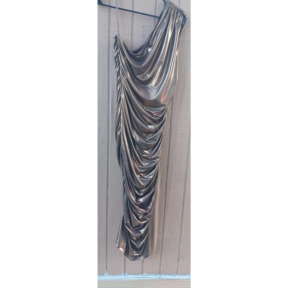 Fashion Nova Metallic Pewter Ruched One Shoulder Maxi Dress Large Y2K Glam - Picture 5 of 8